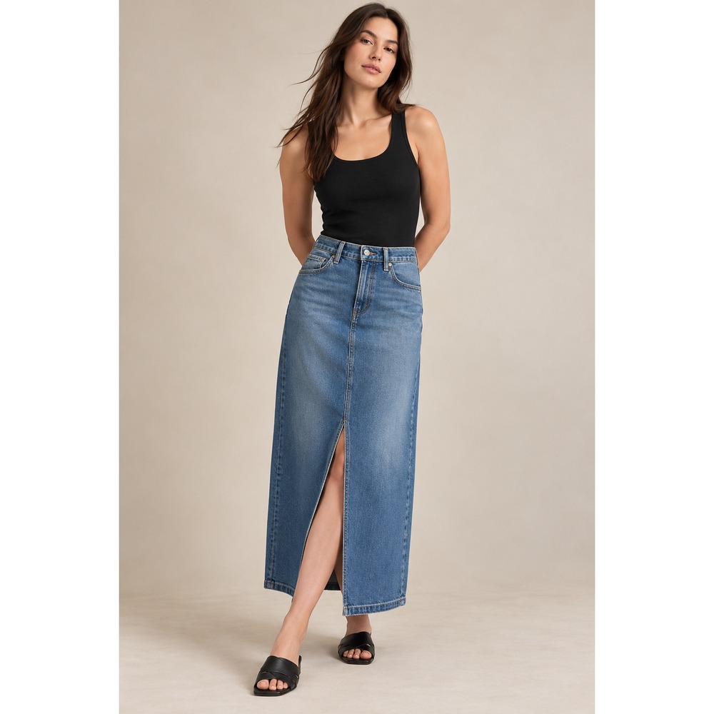 Gap Denim Maxi Skirt Womens 4 27 Medium Wash Blue High Rise Front Slit Skirt